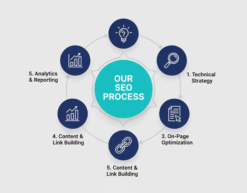 A professional infographic illustrating Kartel Tech's 5-step SEO process.
