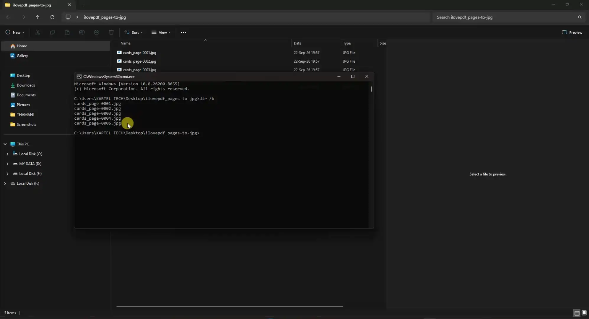 Rename files using CMD: Command Prompt showing the list of card file names
