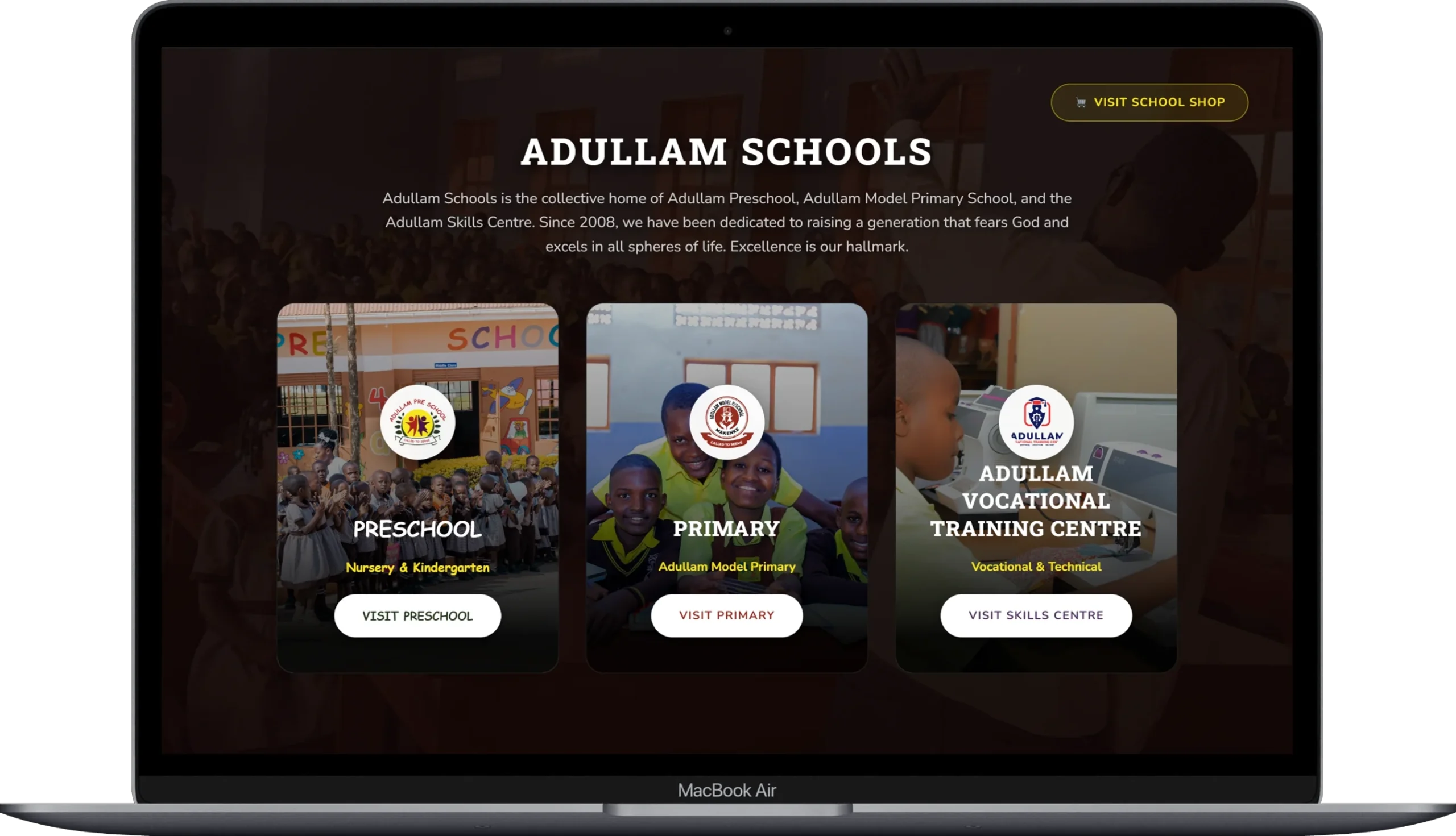 school website design homepage built for Adullam Schools by Kartel Tech