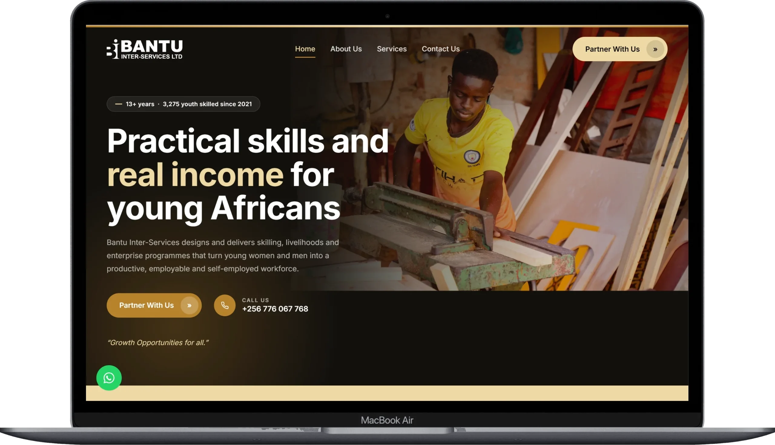 NGO website design homepage built for Bantu Inter-Services by Kartel Tech