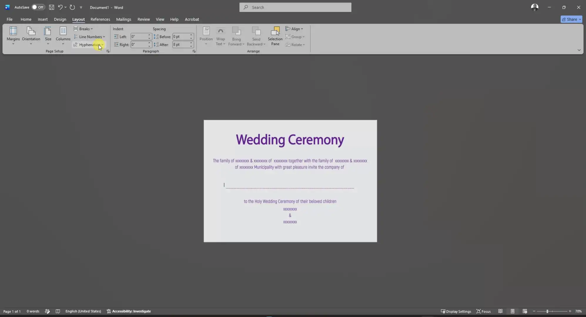 Inserting a digital invitation card in Microsoft Word with Behind Text selected