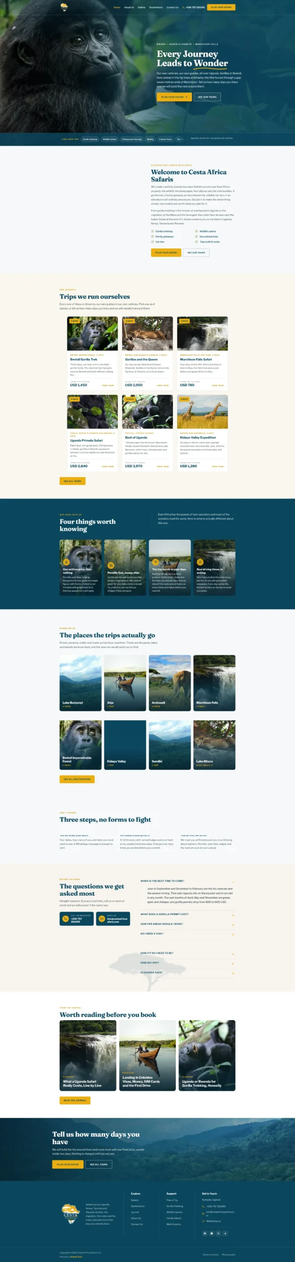 safari website design full page view of the Cesta Africa Safaris website
