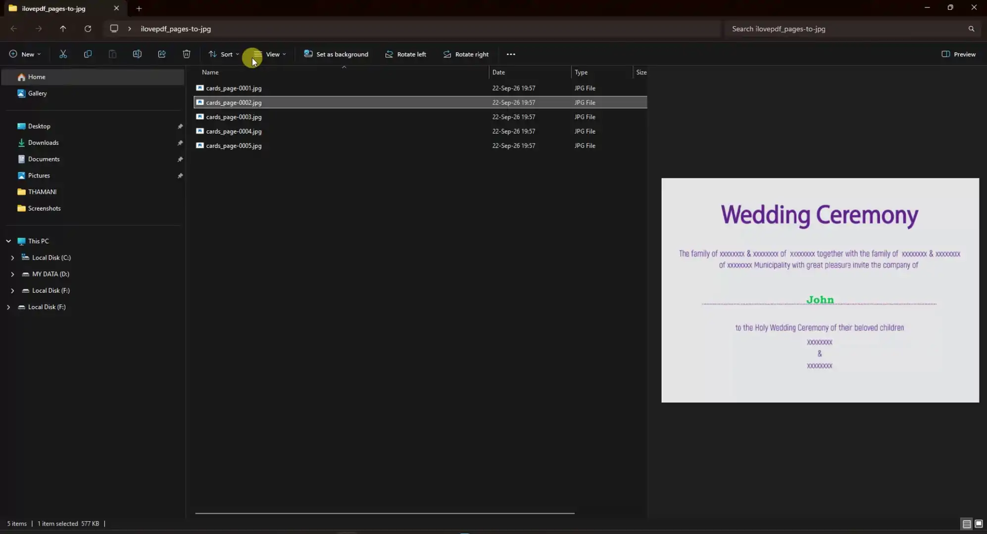 Folder of invitation card images with generic file names before bulk rename