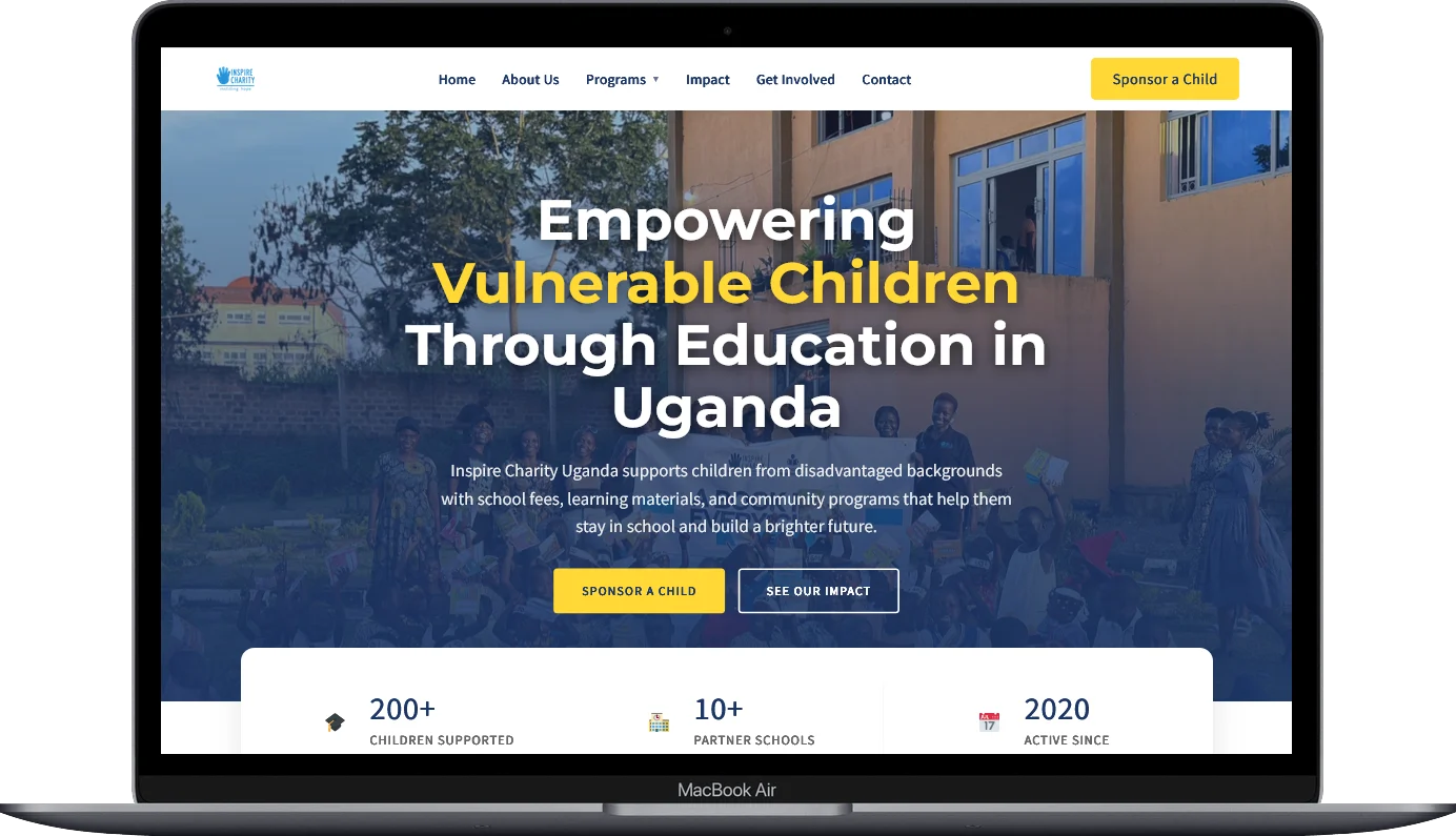 charity website design homepage built for Inspire Charity Uganda by Kartel Tech