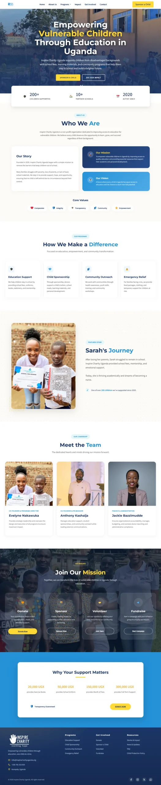 charity website design full page view of the Inspire Charity Uganda website
