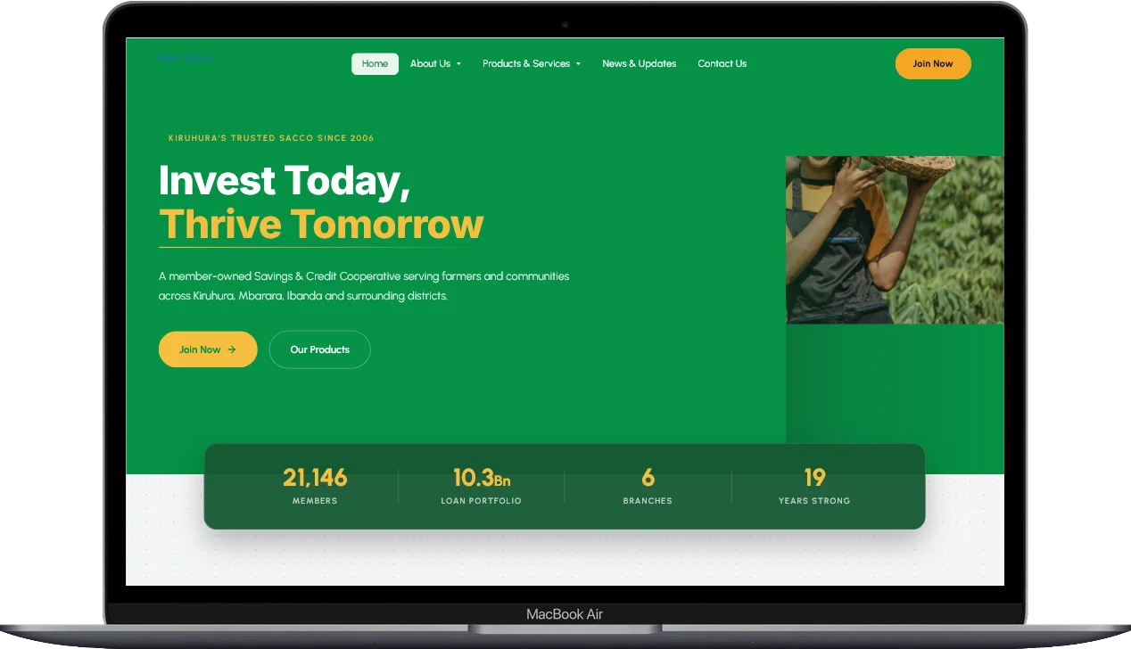 SACCO website design homepage built for Kashongi Farmers SACCO by Kartel Tech