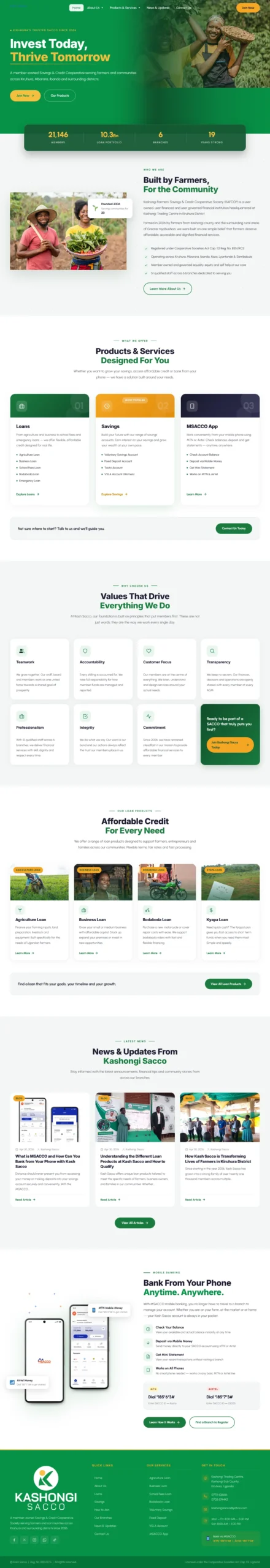 SACCO website design full page view of the Kashongi Farmers SACCO website