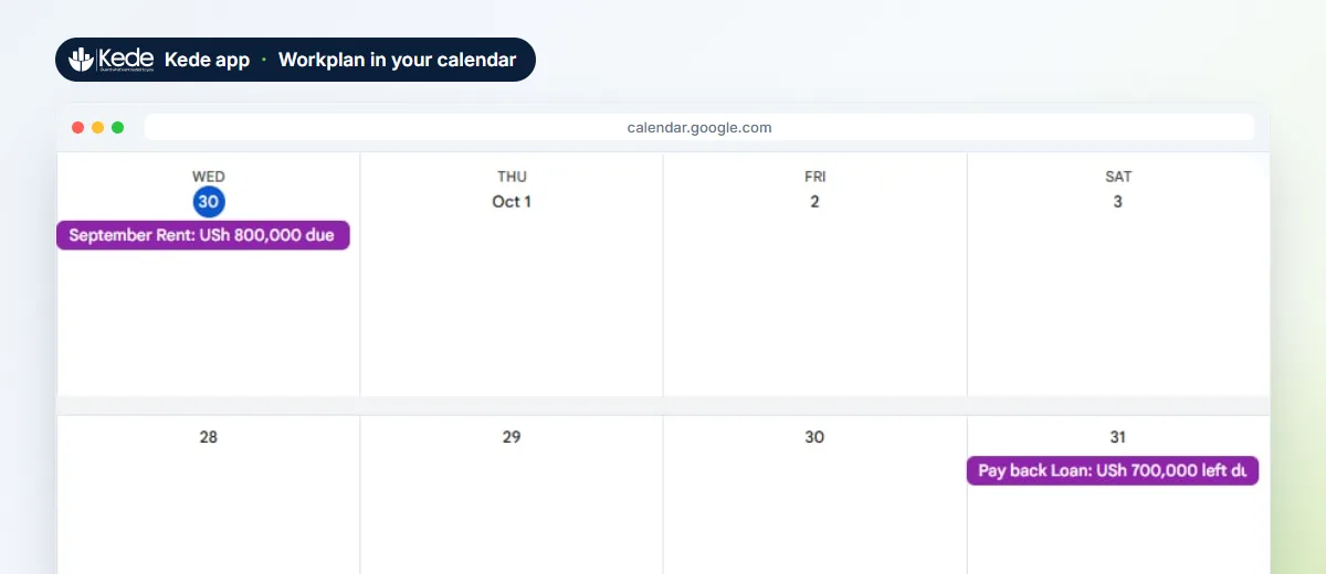 Kede bills in Google Calendar with the amount left on a loan