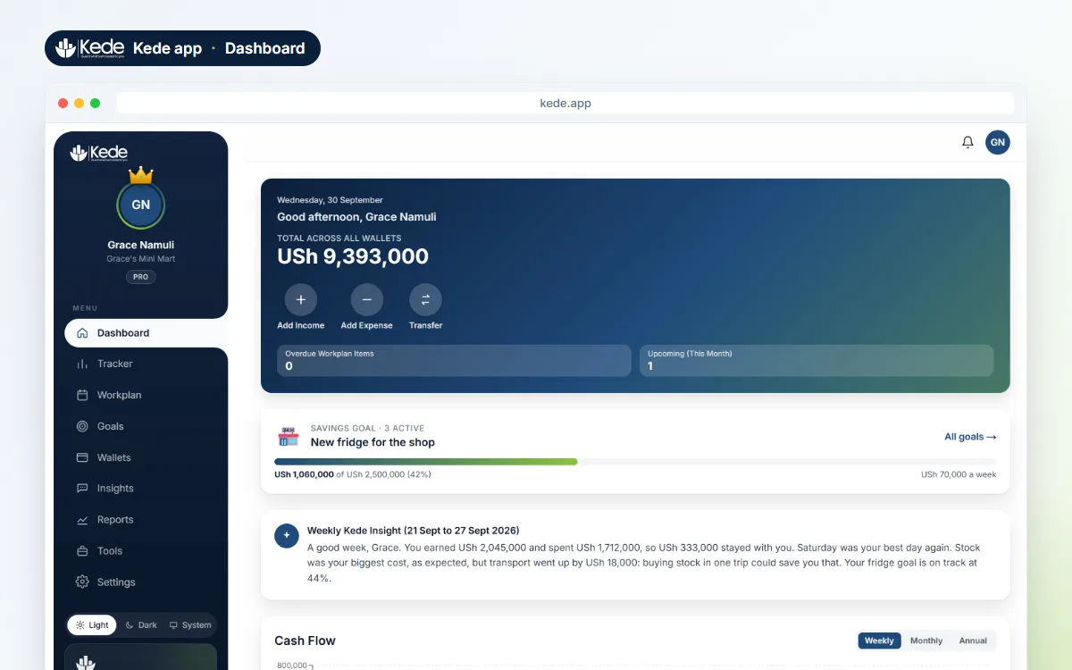 Kede app dashboard with total money across wallets, a savings goal and the weekly insight