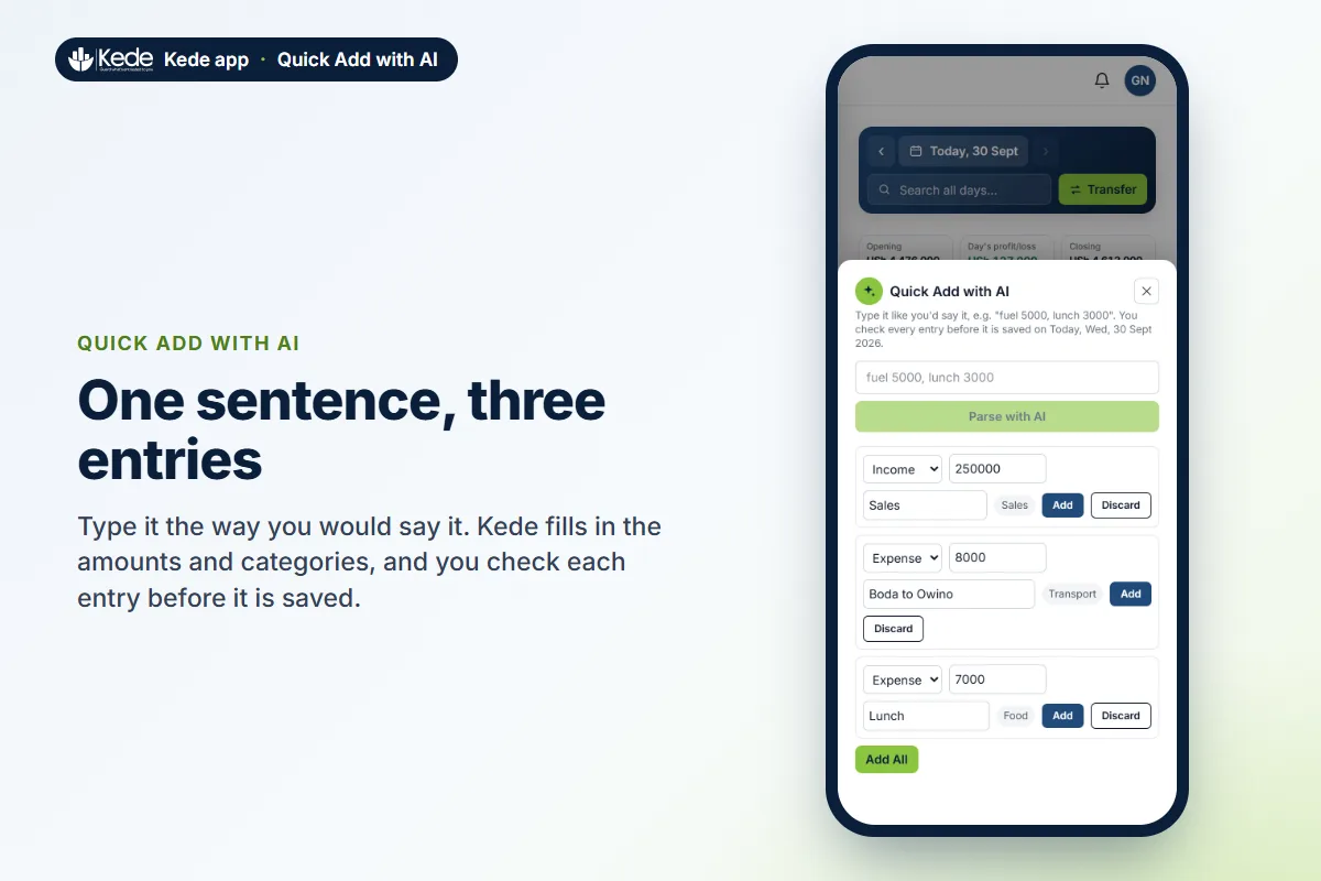 Quick Add with AI in the Kede app turning one sentence into three entries