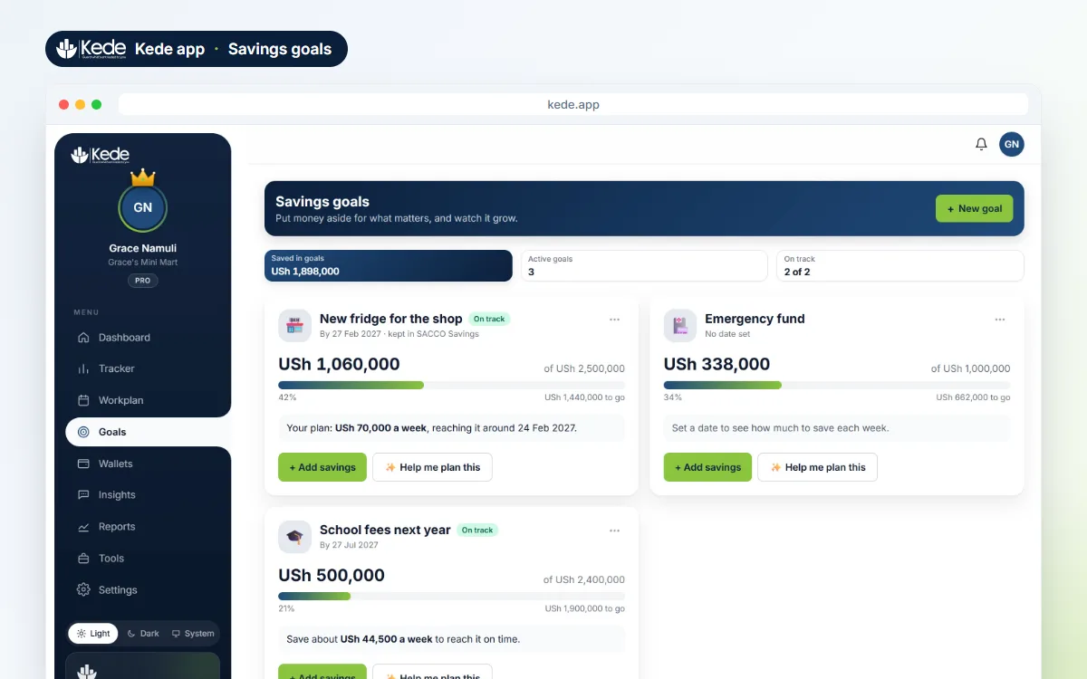 Kede app savings goals with progress bars and a weekly saving amount