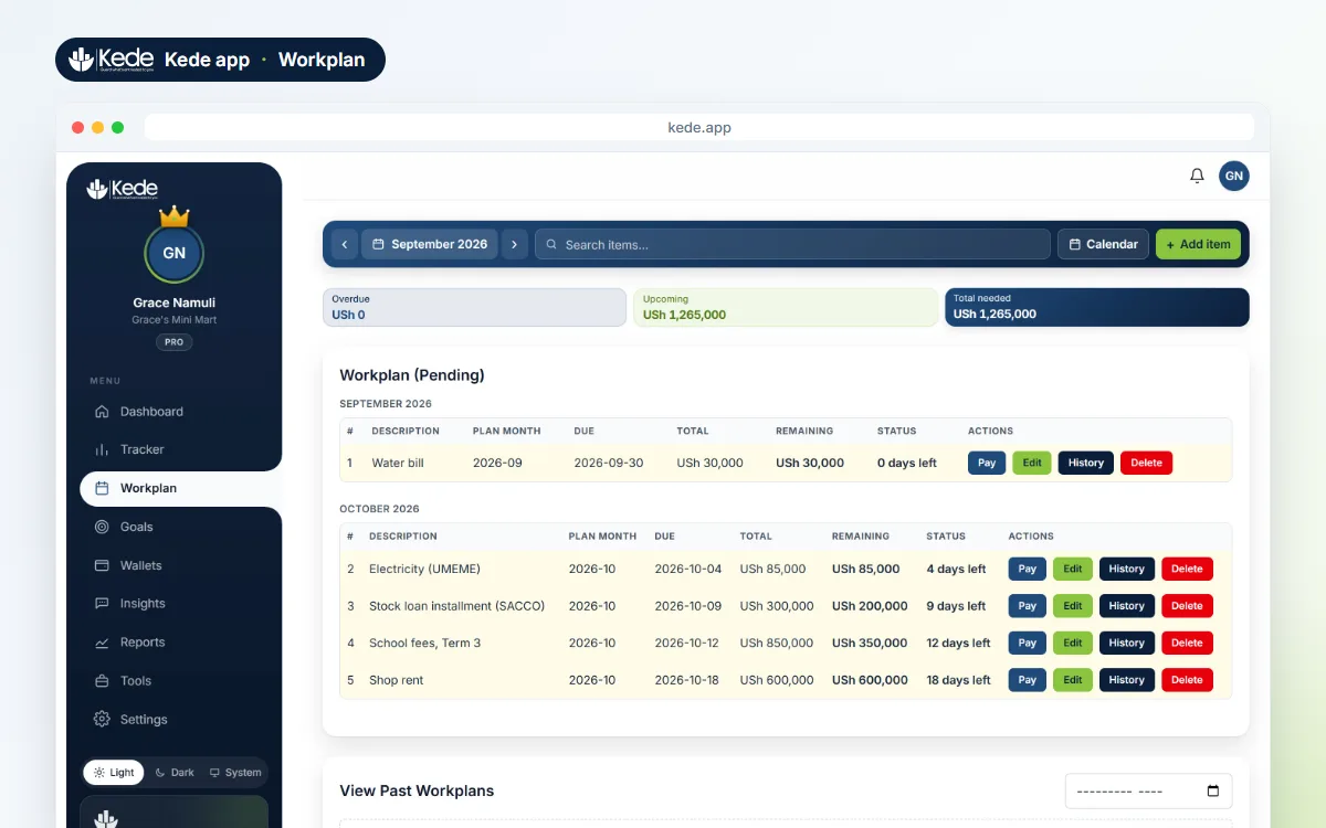 Kede app Workplan bill planner showing what is due, what is paid and what is left