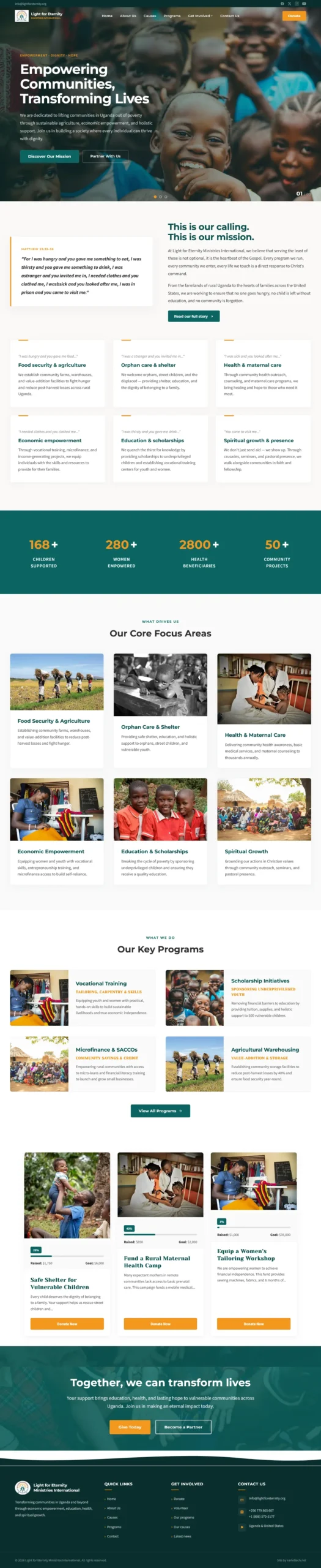 nonprofit website design full page view of the Light for Eternity website