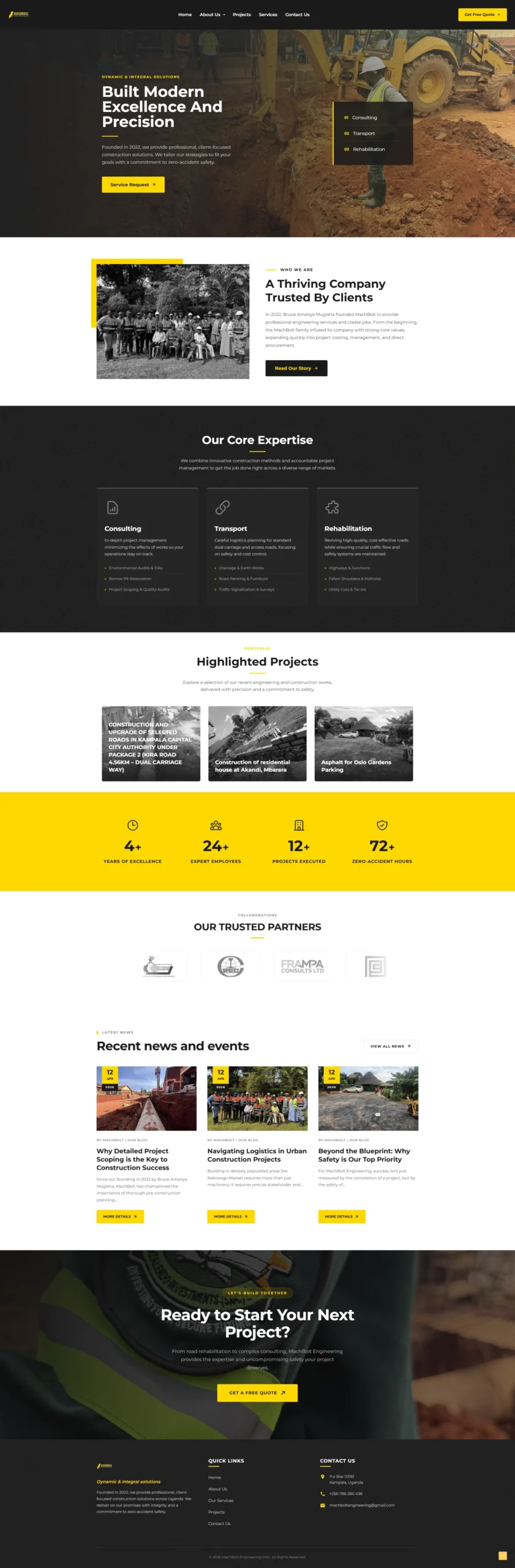 engineering website design full page view of the Mach Bolt Engineering website