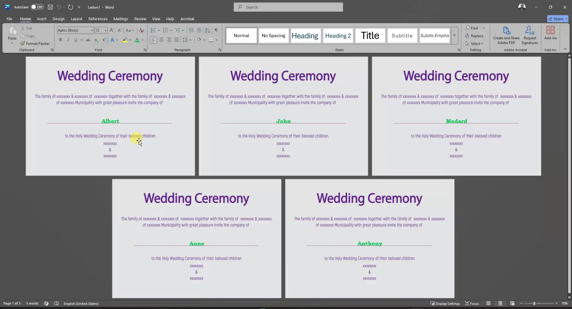 Personalised invitation cards created with mail merge, each showing a different guest name