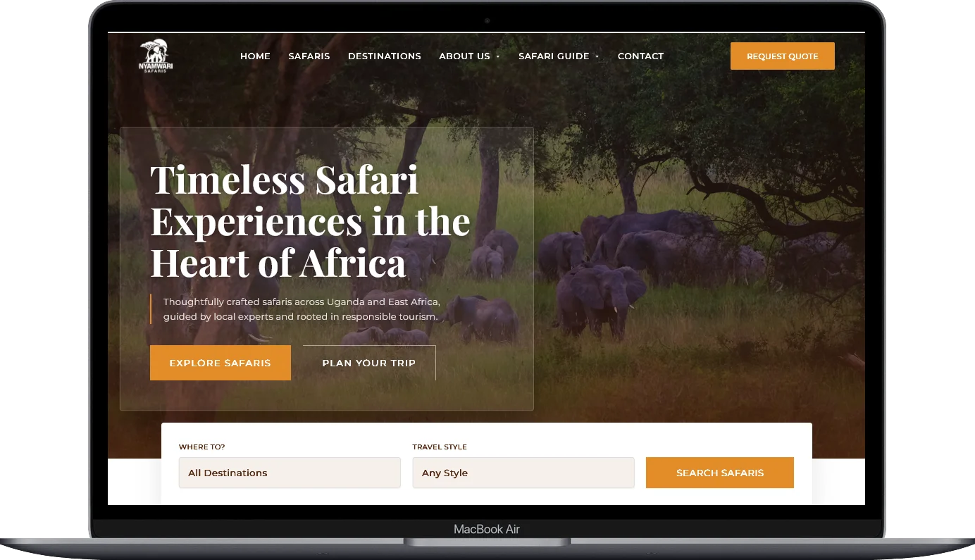 tour operator website homepage built for Nyamwari Safaris by Kartel Tech