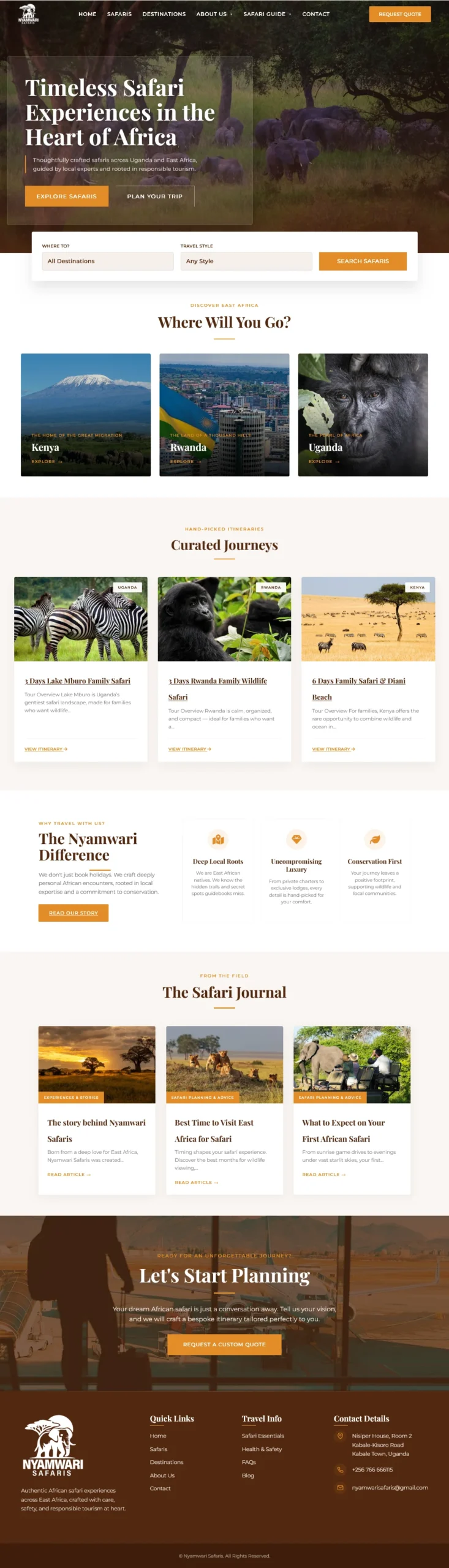tour operator website full page view of the Nyamwari Safaris website