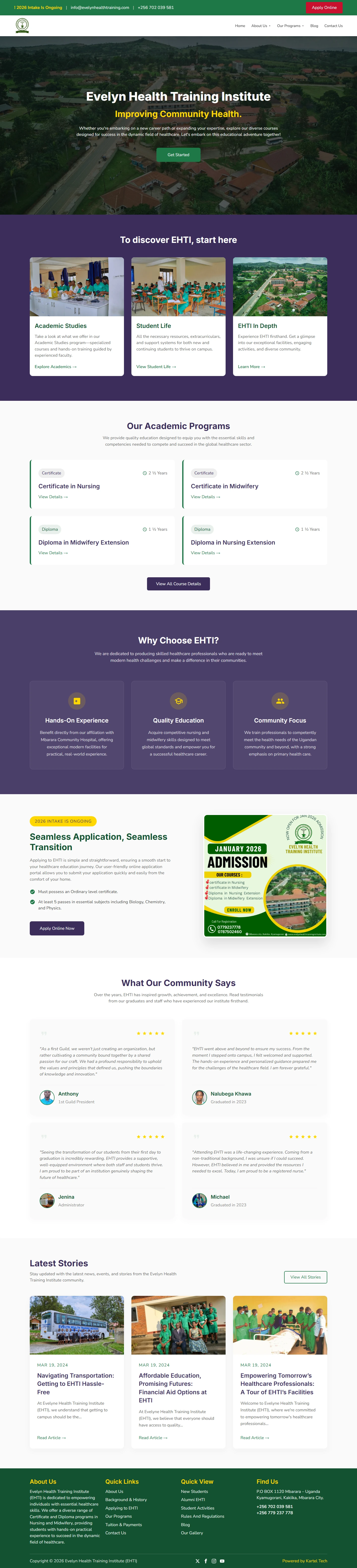 Evelyne Health Training Institute website full-page screenshot