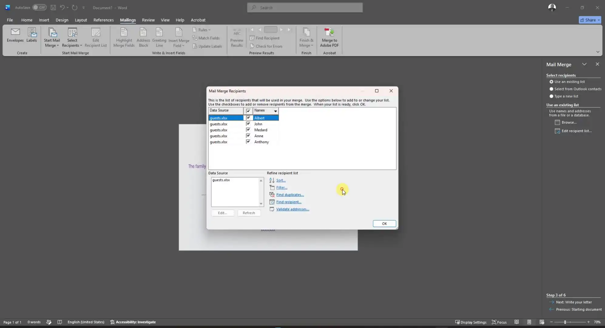 Mail merge in Word showing the guest list imported from Excel