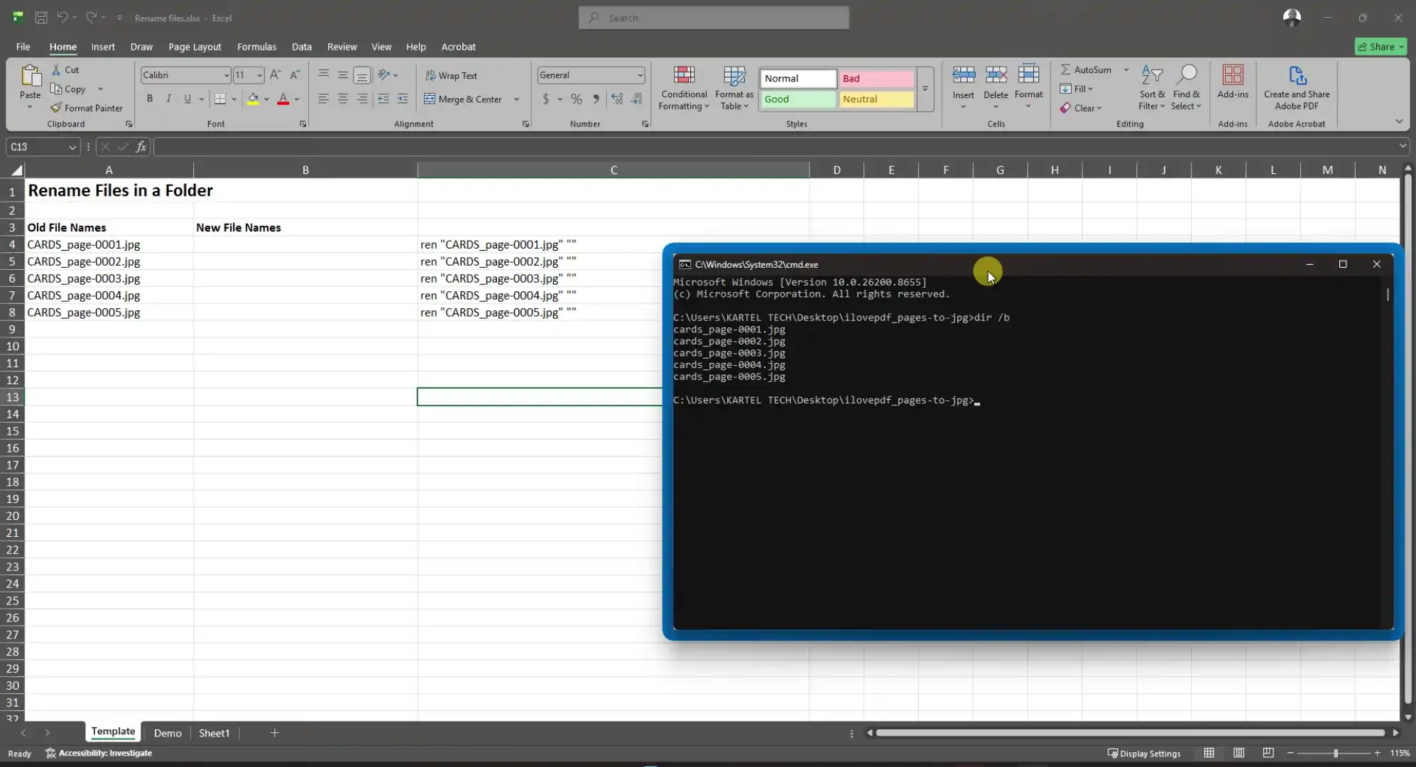 Bulk rename files template in Excel with rename commands generated